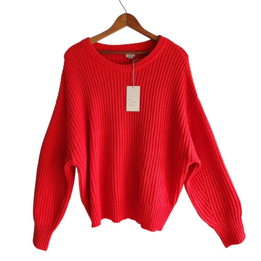 A New Day Red Ribbed Knit Chunky Crew Neck Long Sleeve Sweater Size XL NWT
